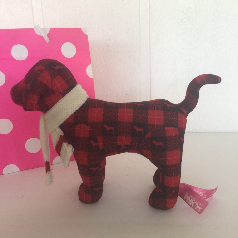 PINK VICTORIAS SECRET BUFFALO PLAID MINI DOG WITH SCARF